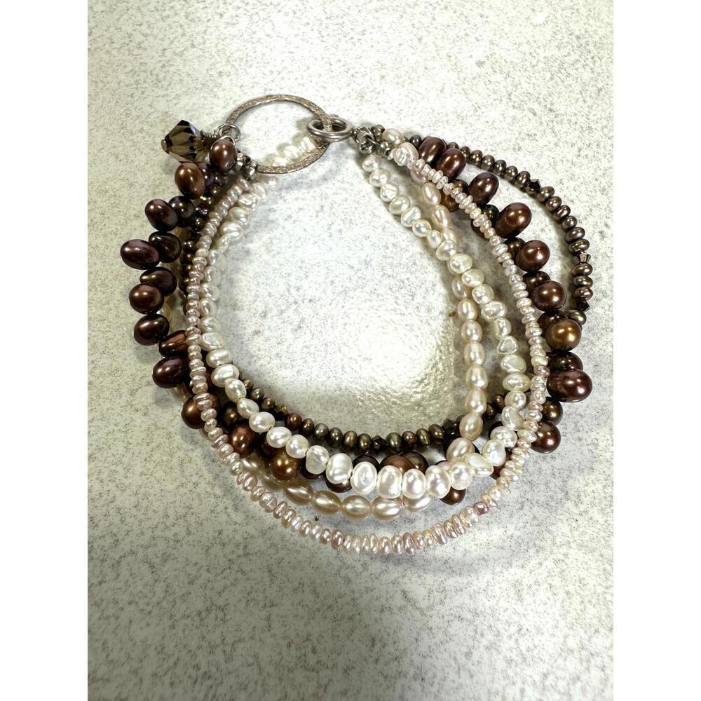 Multi Strand Freshwater Pearl Bracelet Sterling Toggle Brown Ivory